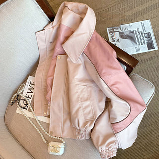 Pink Casual Leather Coat for Women Spring New Fashion Brand Loose Vintage Biker Jacket