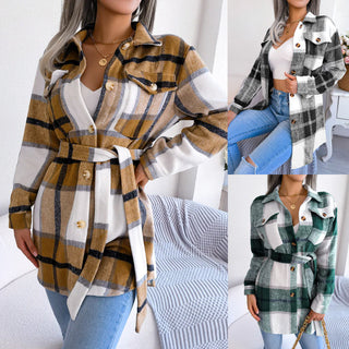 Color Contrast Checkered Long Sleeve Woolen Coat for Women Shacket