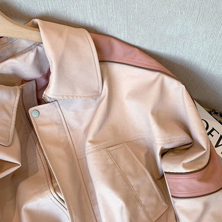 Pink Casual Leather Coat for Women Spring New Fashion Brand Loose Vintage Biker Jacket