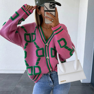 Autumn and Winter New Casual Color Contrast Letters Single-Breasted Long-Sleeved Sweater Cardigan Coat